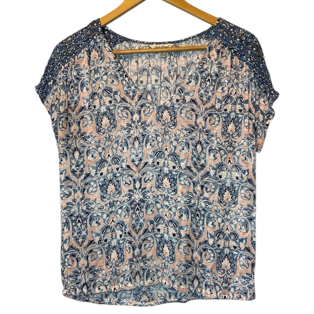 Lucky Brand Peasant Top Womens Small Multicolor Floral Short Sleeve V Neck Shirt